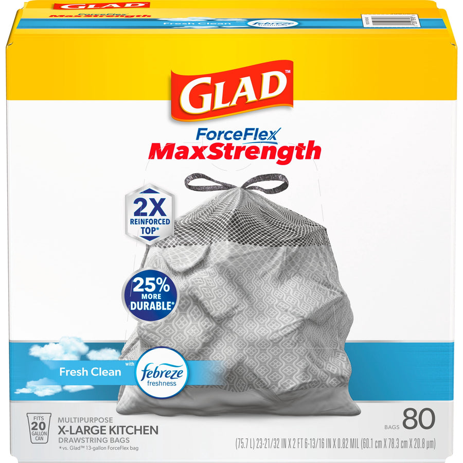 Front-facing Glad ForceFlex MaxStrength box with a tied trash bag image and Febreze Fresh Clean label, showing 80 bags and product branding.