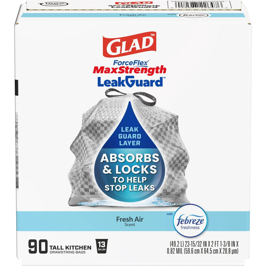 Front-facing Glad ForceFlex MaxStrength LeakGuard box showing absorbent leak-guard droplet graphic and Fresh Air Febreze badge