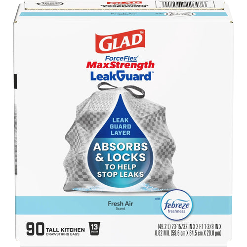 Front-facing Glad ForceFlex MaxStrength LeakGuard box showing absorbent leak-guard droplet graphic and Fresh Air Febreze badge