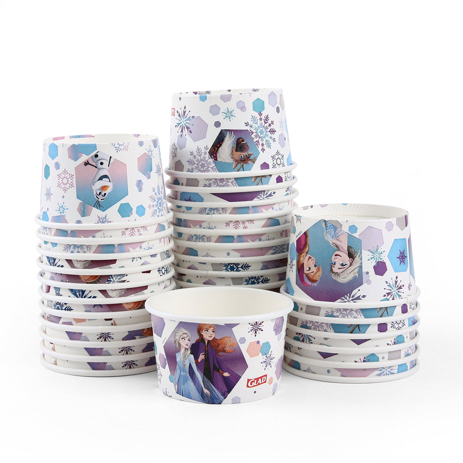 Several stacks of Glad Frozen themed paper snack bowls arranged on white background displaying character artwork.