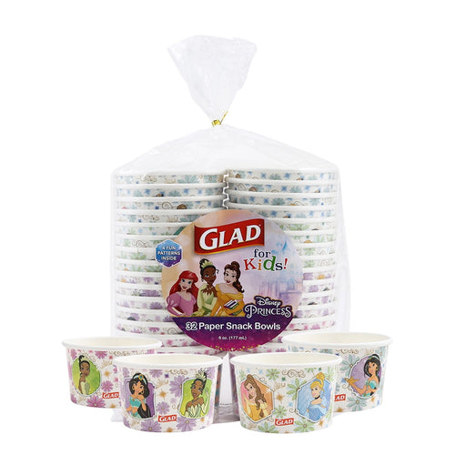 Clear bag of Glad for Kids Disney Princess paper snack bowls with floral frames and visible label