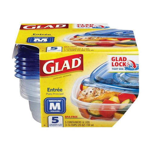 Close-up of Glad packaged medium square entrée containers with yellow branding and blue lids