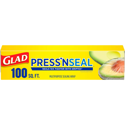Yellow Glad Press'n Seal box showing 100 sq. ft. label and avocado graphic on white background
