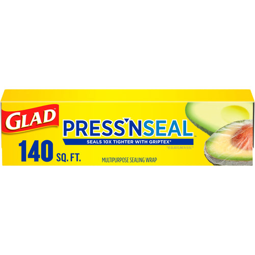 Bright yellow Glad Press'n Seal box showing 140 sq. ft. and an avocado illustration on the right.