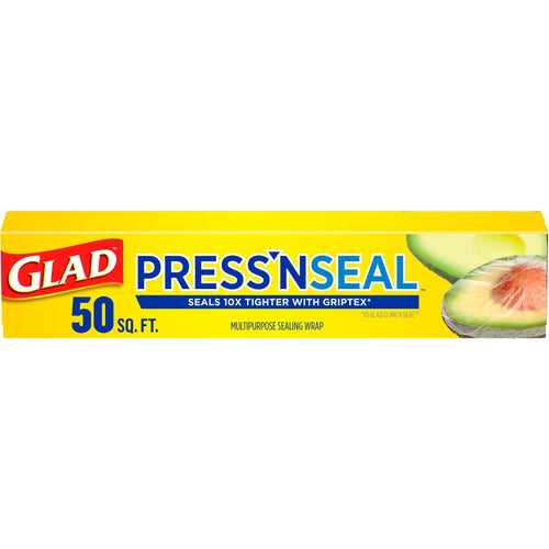 Bright yellow Glad Press'n Seal retail box showing 50 sq. ft. branding and avocado graphic on white background.