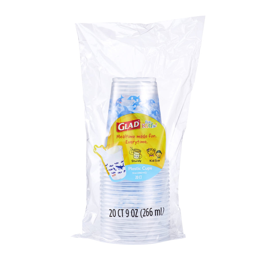 Clear retail bag of Glad branded kids cups showing stacked cups and product label reading 20 CT 9 OZ (266 ml)