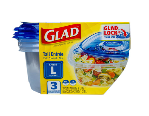 Glad retail packaging for Tall Entrée large square containers with visible Glad logo and salad image