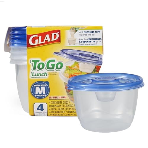 Glad To Go round plastic food container with blue lid and retail box packaging