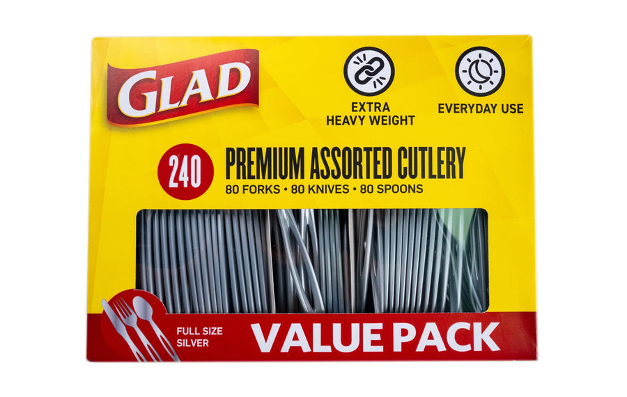 Glad yellow value-pack box labeled premium assorted silver cutlery with clear window showing stacked utensils