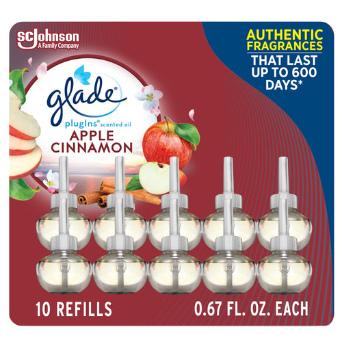 Glade Apple Cinnamon PlugIns refill blister pack showing ten round refill bottles and apple and cinnamon imagery