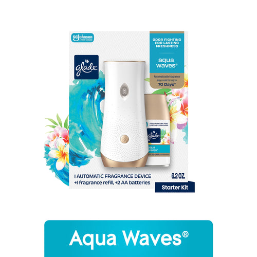 Glade starter kit packaging showing white automatic fragrance device and Aqua Waves refill with floral artwork