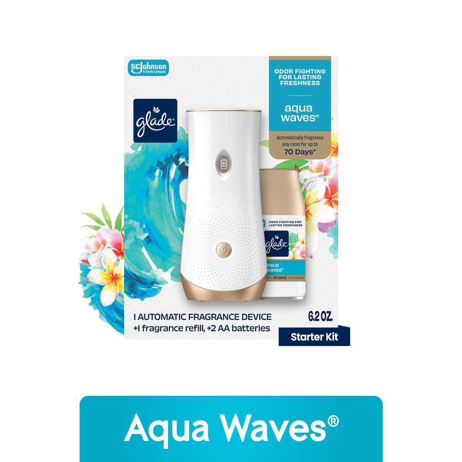 Glade starter kit packaging showing white automatic fragrance device and Aqua Waves refill with floral artwork