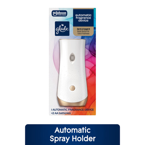 Glade automatic fragrance device packaged in retail box with white and gold dispenser image