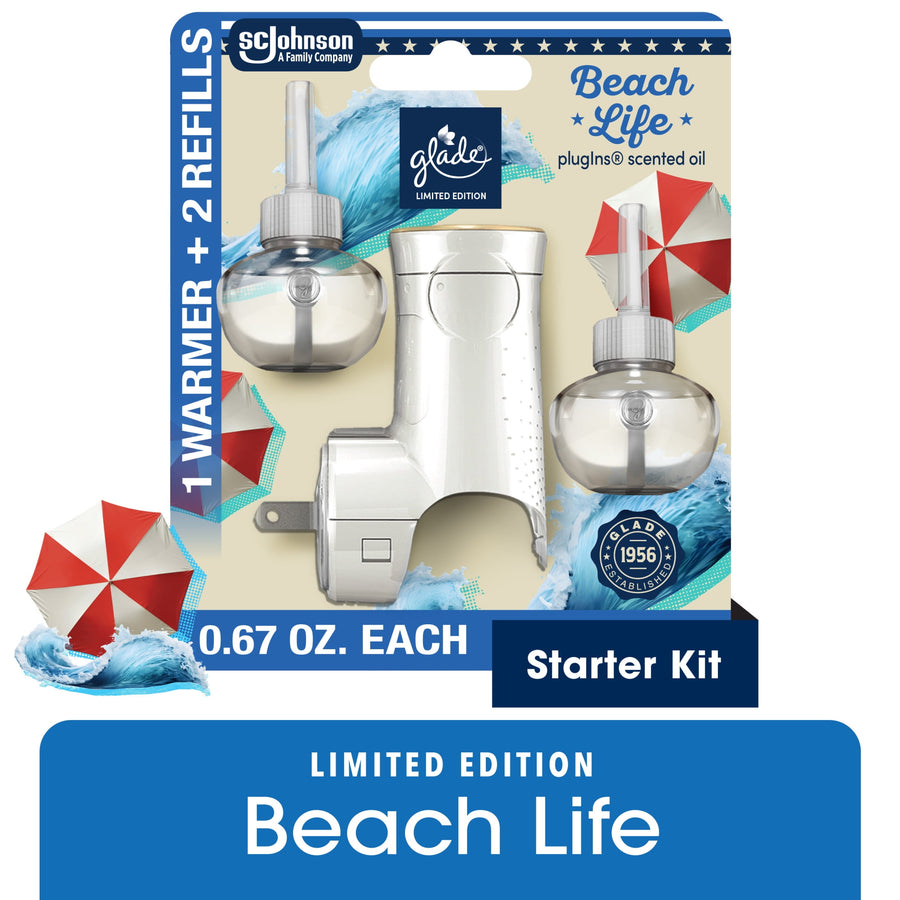 Glade Beach Life PlugIns starter kit blister pack showing warmer and two round refill bottles with beach graphics