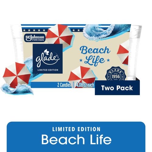 Glade Beach Life two-pack candle packaging showing beach umbrellas, wave artwork and brand logo on a beige label