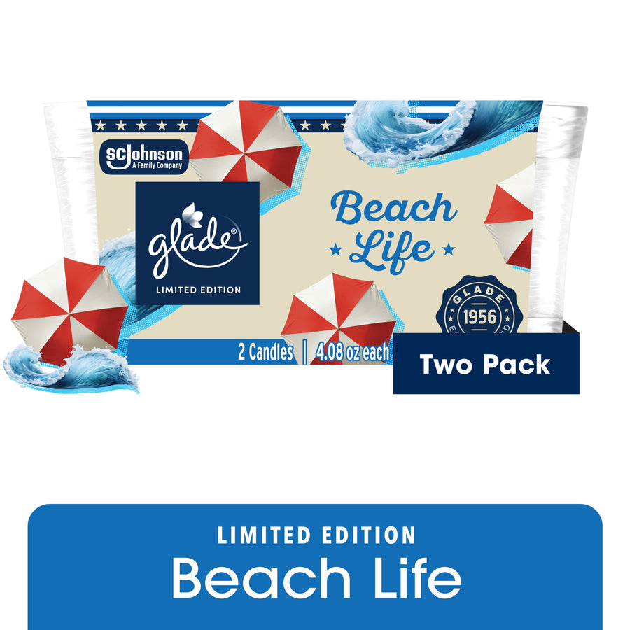 Glade Beach Life two-pack candle packaging showing beach umbrellas, wave artwork and brand logo on a beige label