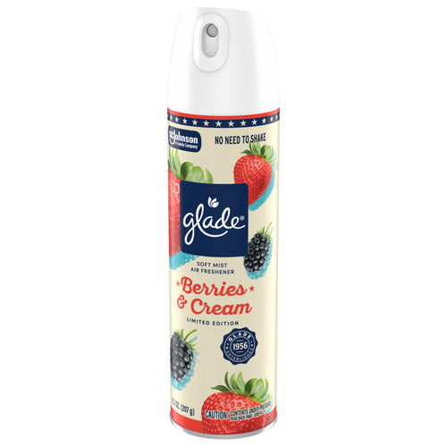 Tall Glade Berries & Cream soft mist air freshener can with strawberry and blackberry illustrations and a white spray nozzle.