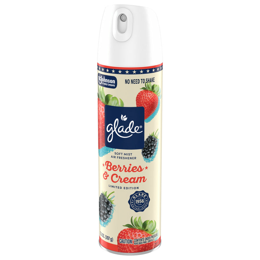 Tall Glade Berries & Cream soft mist air freshener can with strawberry and blackberry illustrations and a white spray nozzle.