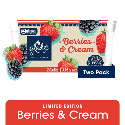 Glade limited edition Berries & Cream two-pack candle package with strawberry and blackberry illustrations on label
