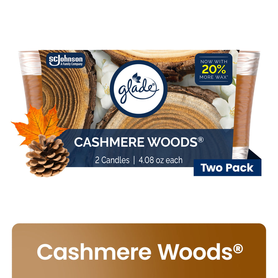Glade Cashmere Woods two-pack packaging showing log cross-section graphics, pinecone and Two Pack label