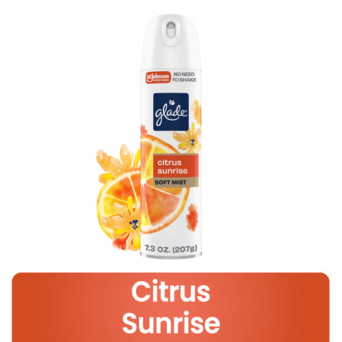 Glade Citrus Sunrise soft mist aerosol can with citrus artwork on white background