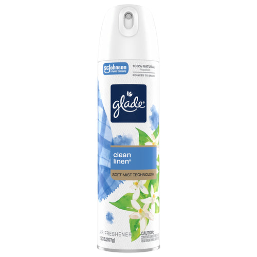 Front view of a Glade Clean Linen soft mist aerosol air freshener can with floral graphics and Glade logo