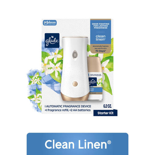 Glade Clean Linen starter kit box showing automatic fragrance device and a Clean Linen refill can with floral graphics.