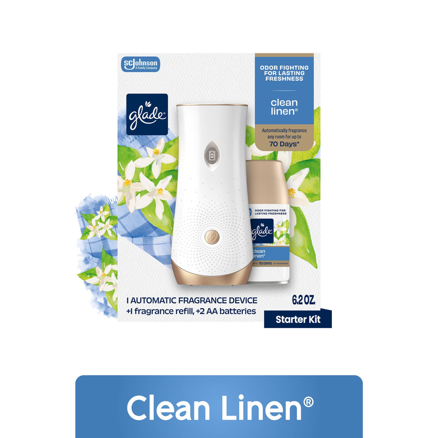 Glade Clean Linen starter kit box showing automatic fragrance device and a Clean Linen refill can with floral graphics.