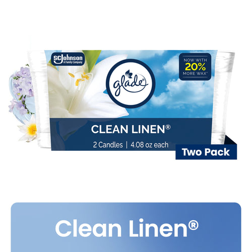 Packaged Glade Clean Linen two-pack with blue sky branding and white lily graphic, labeled Two Pack