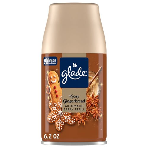 Glade Cozy Gingerbread automatic spray refill can with gingerbread cookie and spice artwork on label