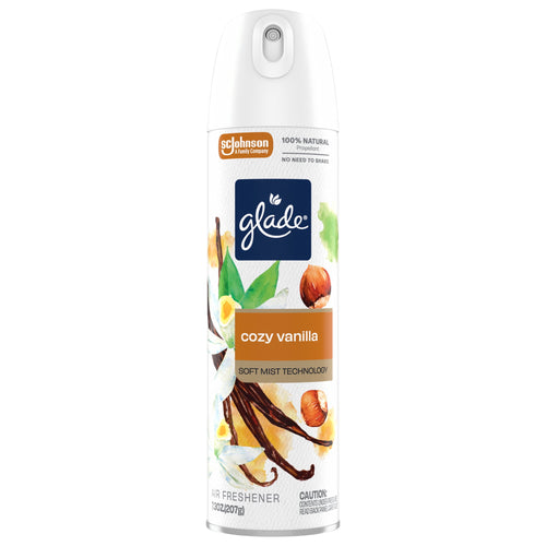 Front-facing Glade Cozy Vanilla soft mist aerosol can showing label, vanilla illustrations and product branding