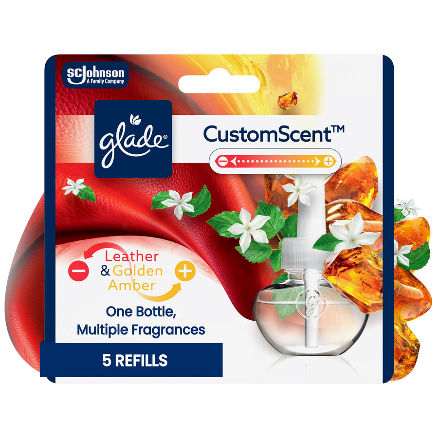 Glade CustomScent refill pack artwork showing refill bottle, leather ribbon and amber gems