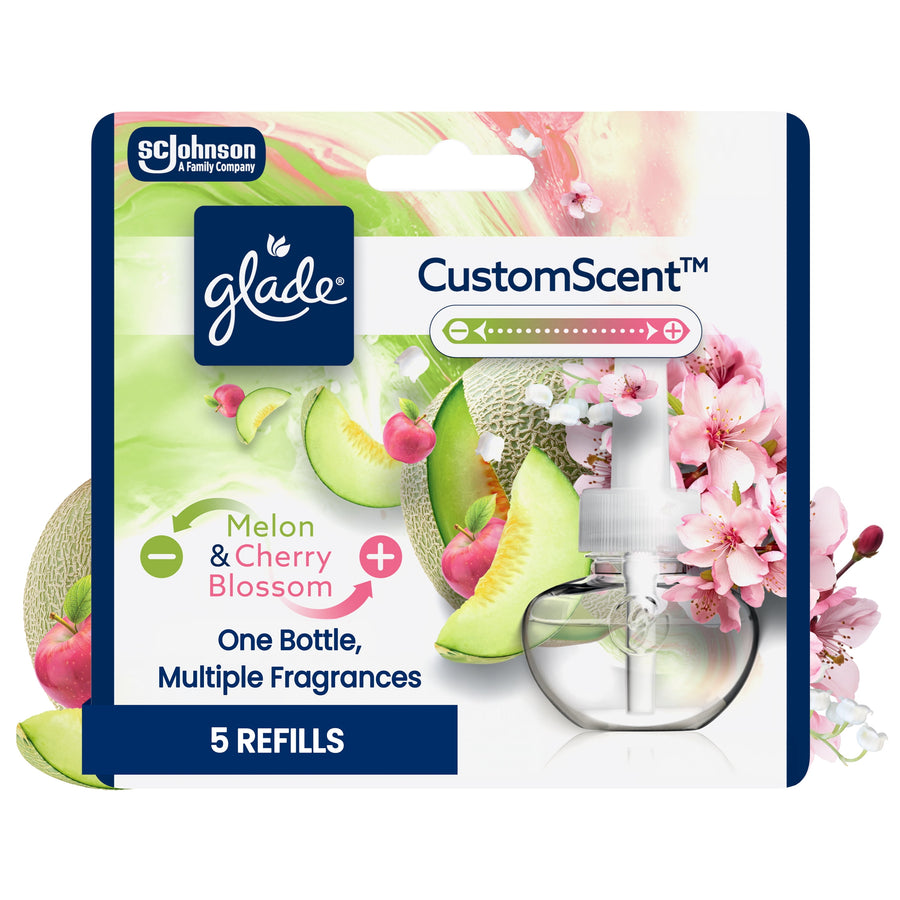 Glade CustomScent packaged refill graphic showing melon and cherry blossom artwork with a refill bottle and '5 refills' label.