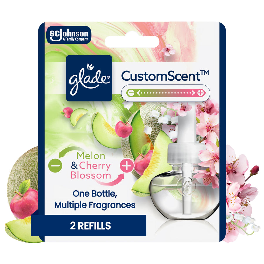 Glade CustomScent refill packaging showing melon and cherry blossom artwork with one refill bottle visible
