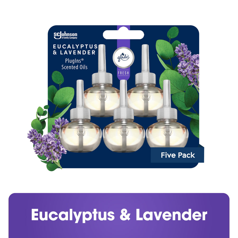 Glade PlugIns Eucalyptus & Lavender five-pack refill blister card showing five oil refill bulbs and botanical accents