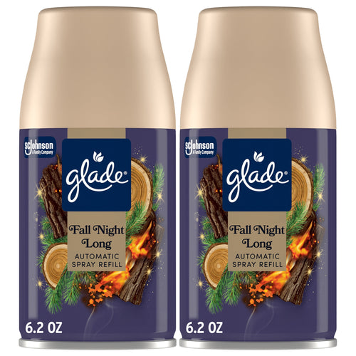 Two Glade Fall Night Long automatic spray refill cans with purple labels and beige caps shown side by side.