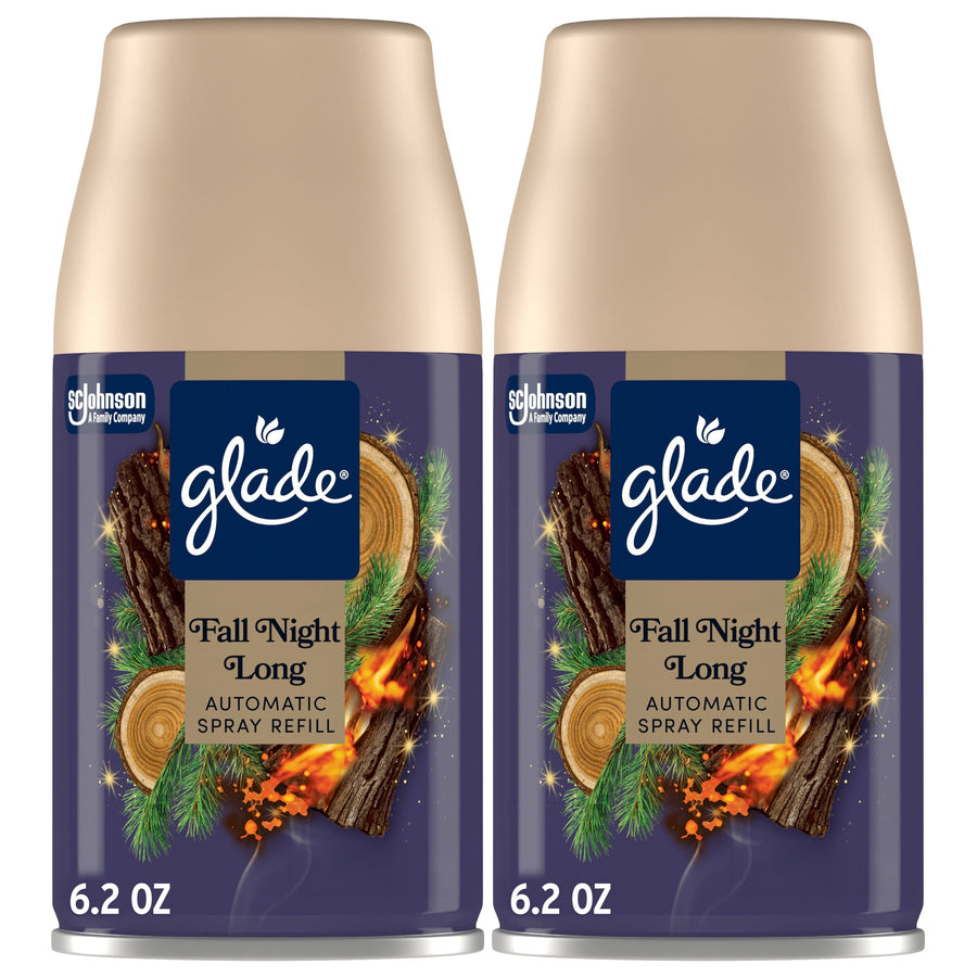 Two Glade Fall Night Long automatic spray refill cans with purple labels and beige caps shown side by side.