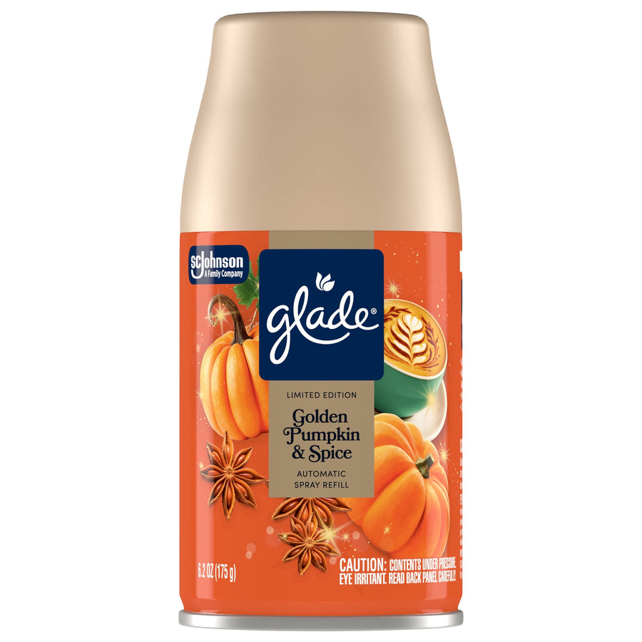 Studio product shot of a single Glade Golden Pumpkin & Spice automatic spray refill can on white background
