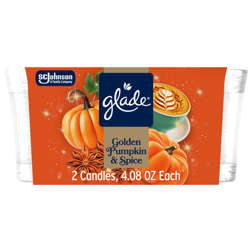 Close-up of Glade limited edition golden pumpkin & spice two-candle clear glass jar package with pumpkin artwork
