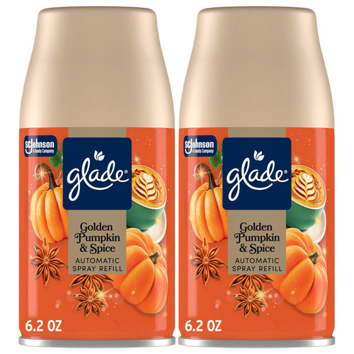 Two Glade Golden Pumpkin & Spice automatic spray refill cans with orange seasonal label and beige caps