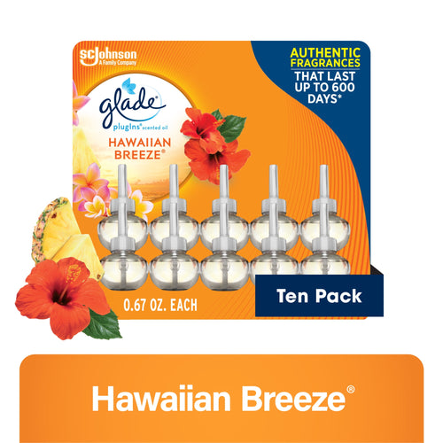 Glade PlugIns Hawaiian Breeze ten-pack refill blister with floral and pineapple graphics
