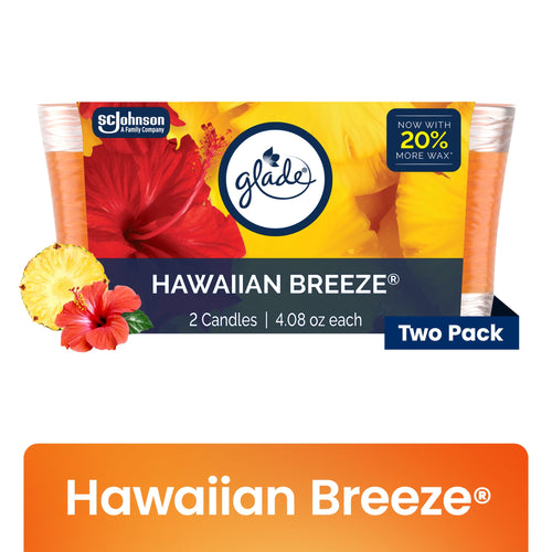 Glade Hawaiian Breeze two-pack candle packaging with hibiscus and pineapple graphics
