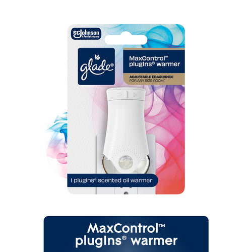 Glade MaxControl plugIns warmer in retail blister pack with colorful swirl background
