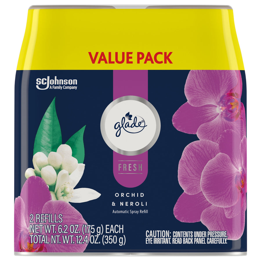 Front of Glade Automatic Spray refill value pack for Orchid & Neroli showing brand logo, orchids and neroli flowers