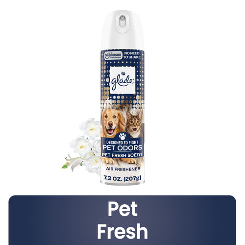 Glade Pet Fresh aerosol air freshener can with floral accent and pet images