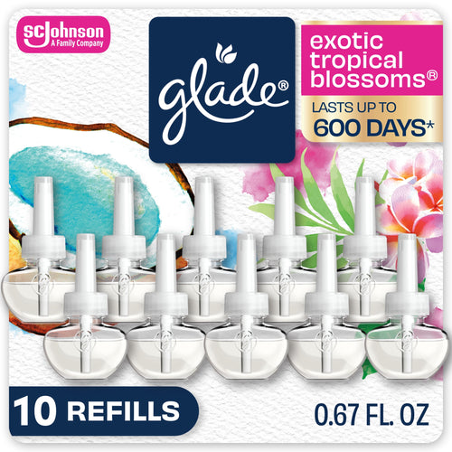 Front-facing pack art showing ten Glade PlugIns refill bottles with Glade logo and tropical floral graphics
