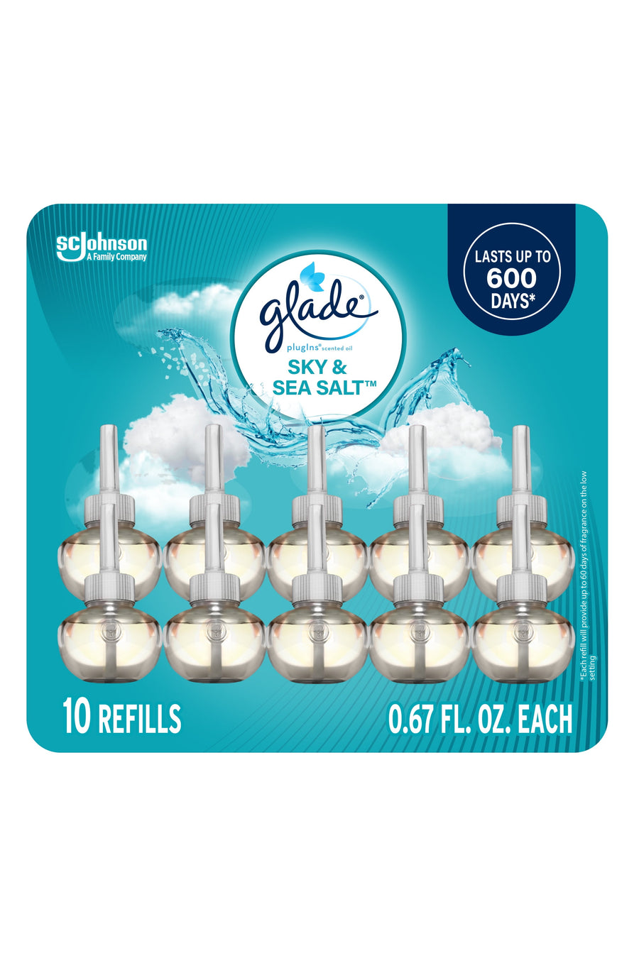 Glade PlugIns Sky & Sea Salt scented oil refill blister pack showing ten round refill bottles on a teal background
