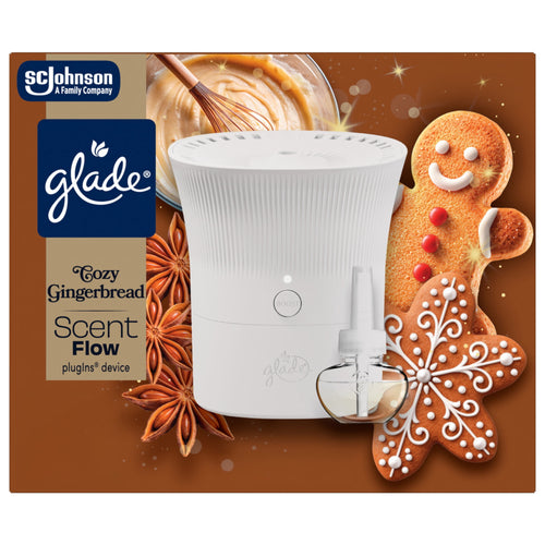 Glade Scent Flow Cozy Gingerbread starter kit packaging showing white plug-in device, refill bottle and gingerbread visuals
