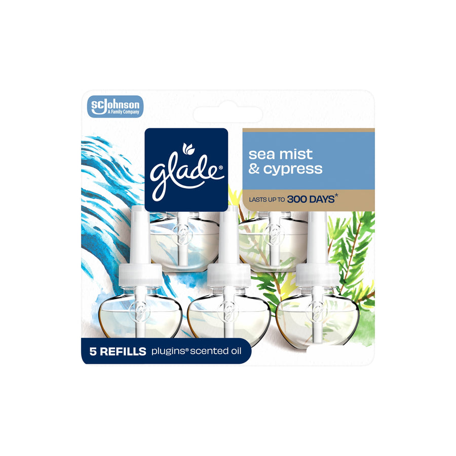 Glade sea mist & cypress scented oil refill five-pack on retail backing with visible refill bottles and Glade logo