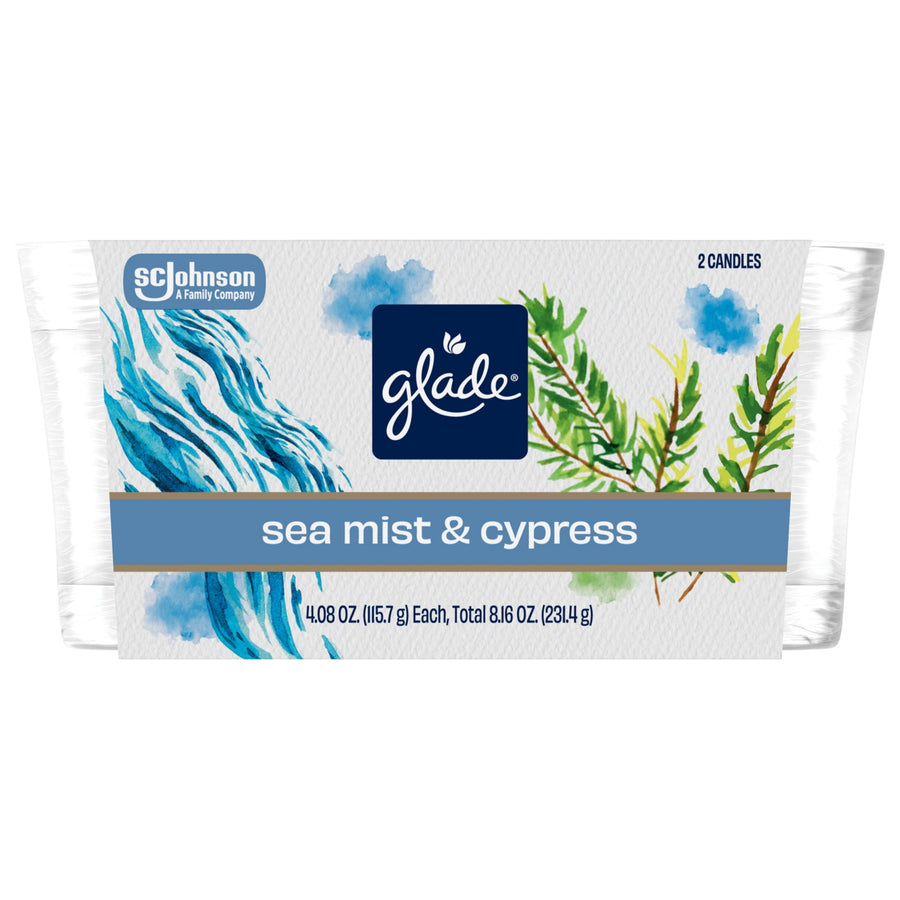 Glade Sea Mist & Cypress candle 2-pack packaging label with ocean and cypress artwork and Glade logo